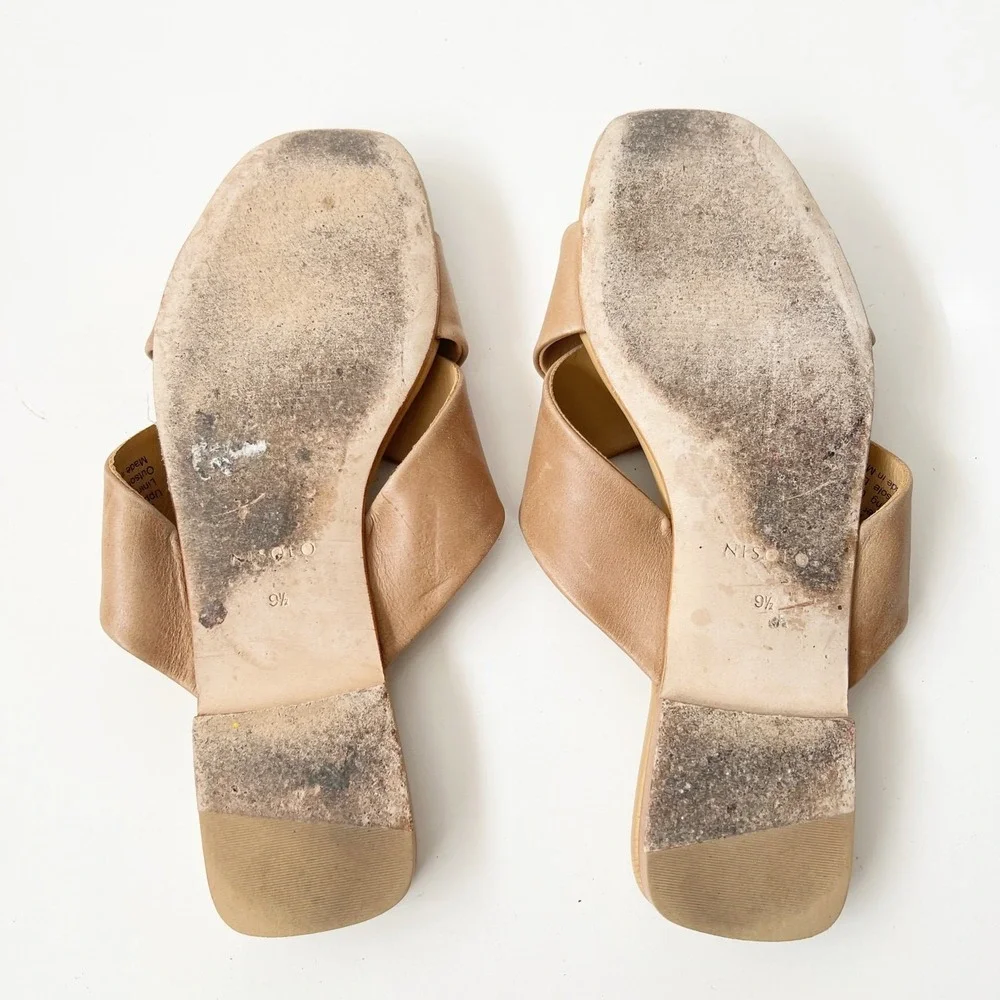 Nisolo Catalina Slide Sandals Slip On Cross Square Toe Almond‎ Tan Size 9.5